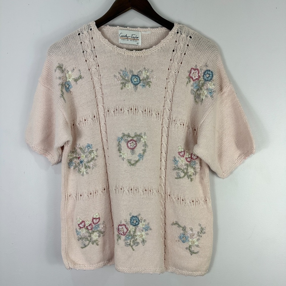 Carolyn‎ Taylor Sweater Women Large Pink Floral Embroidered Short Sleeve Vintage